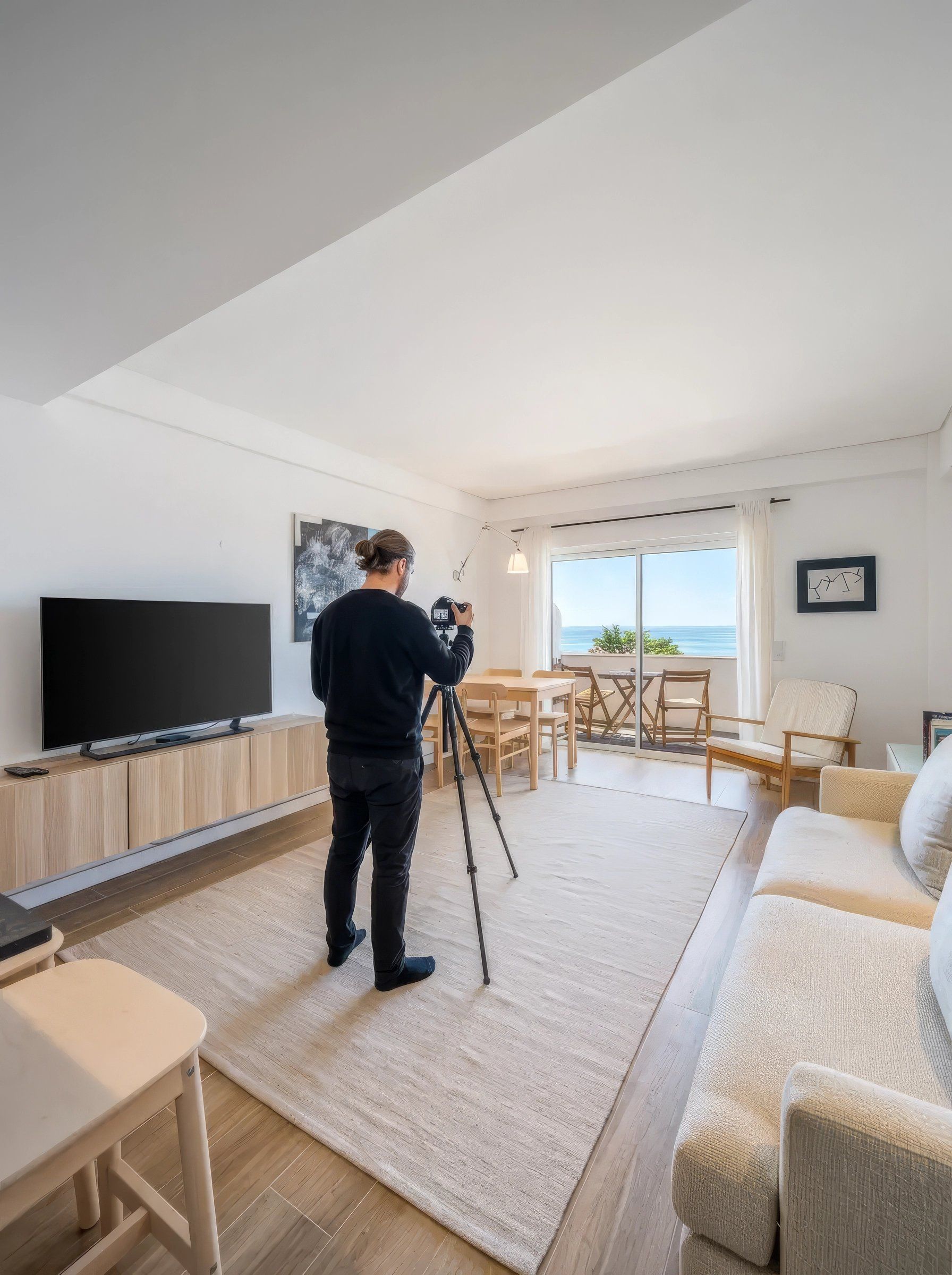 Fotógrafo com a câmara num tripé a fotografar uma sala clara com sofá bege, aberta para uma varanda com vista para o mar